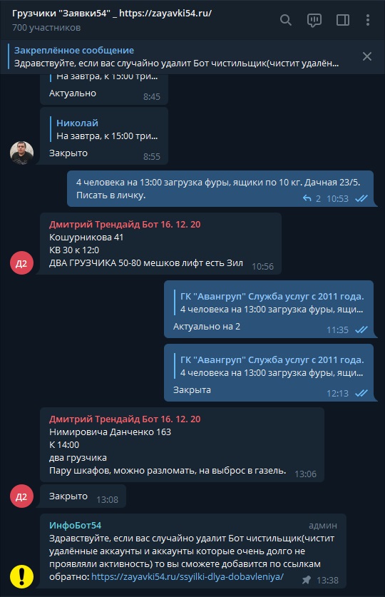 Пример работы в группе телеграм